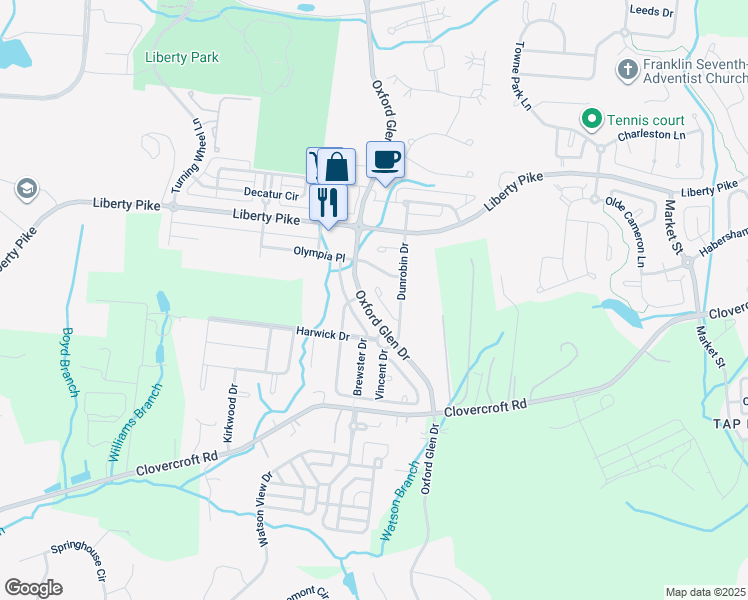 map of restaurants, bars, coffee shops, grocery stores, and more near 3029 Oxford Glen Drive in Franklin