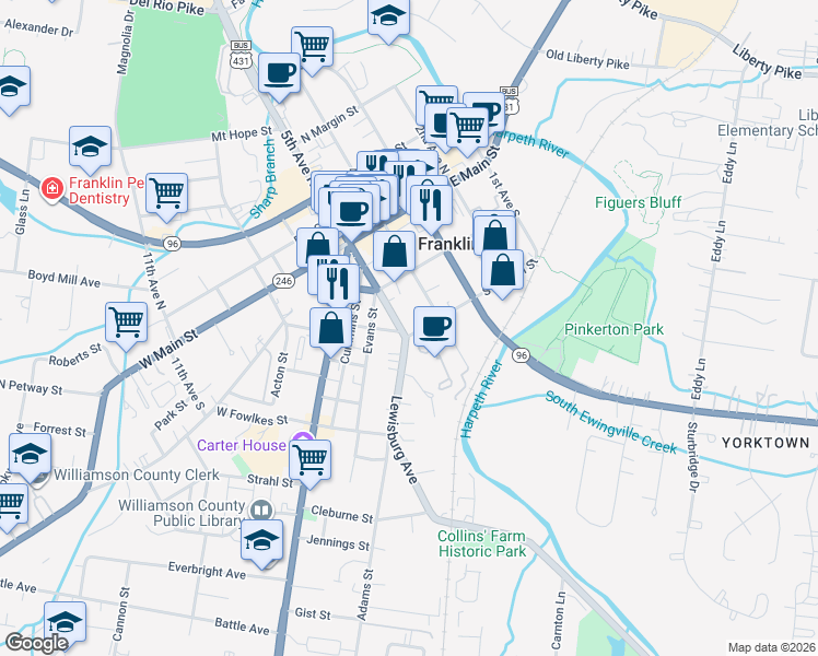 map of restaurants, bars, coffee shops, grocery stores, and more near 100 Lewisburg Avenue in Franklin