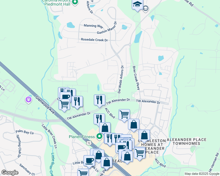 map of restaurants, bars, coffee shops, grocery stores, and more near 510 Brier Crossings Loop in Durham