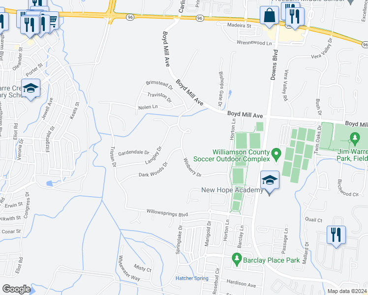 map of restaurants, bars, coffee shops, grocery stores, and more near 3112 Winberry Drive in Franklin