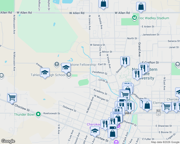 map of restaurants, bars, coffee shops, grocery stores, and more near 591 Pendleton Street in Tahlequah