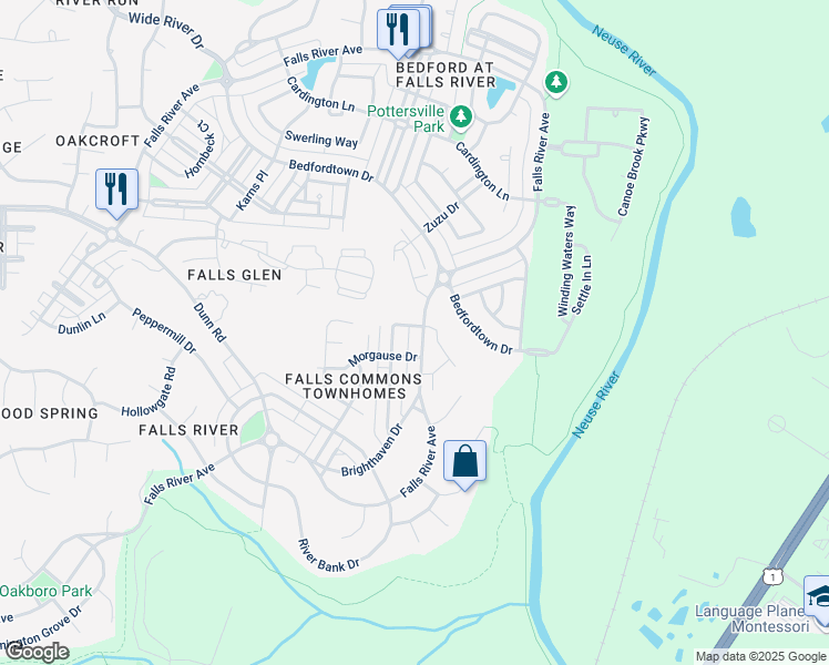 map of restaurants, bars, coffee shops, grocery stores, and more near 2817 Falls River Avenue in Raleigh