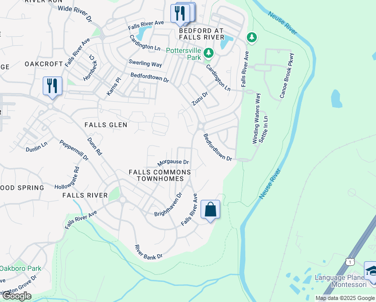 map of restaurants, bars, coffee shops, grocery stores, and more near 2817 Falls River Avenue in Raleigh