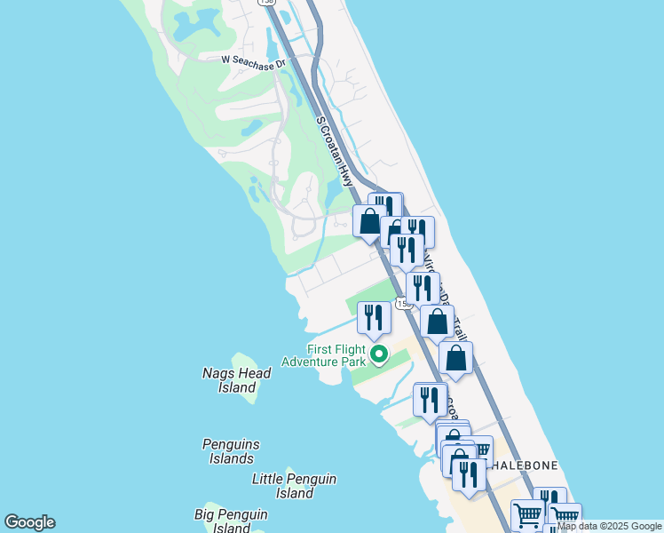 map of restaurants, bars, coffee shops, grocery stores, and more near 6320 South Bobwhite Avenue in Nags Head