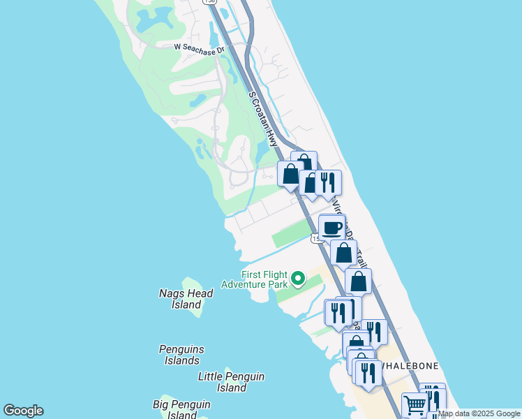 map of restaurants, bars, coffee shops, grocery stores, and more near 6320 South Bobwhite Avenue in Nags Head