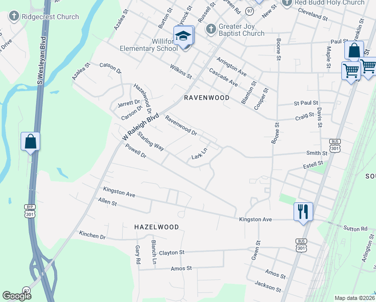map of restaurants, bars, coffee shops, grocery stores, and more near 525 Canary Drive in Rocky Mount