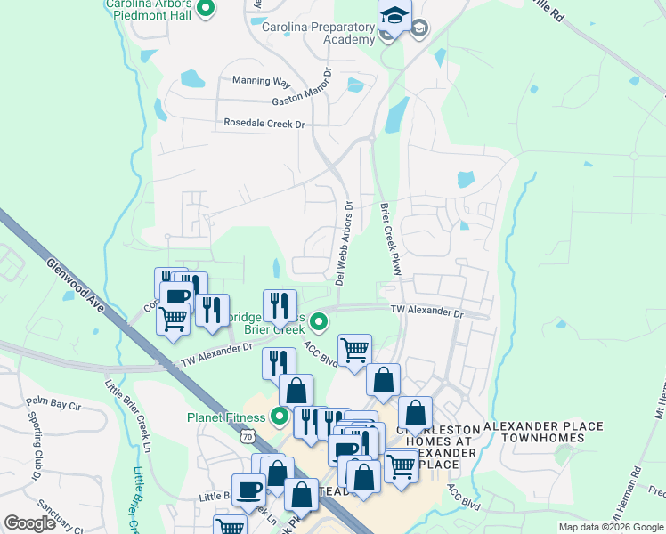 map of restaurants, bars, coffee shops, grocery stores, and more near 334 Brier Crossings Loop in Durham