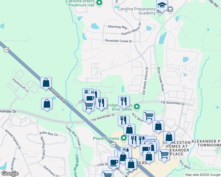 map of restaurants, bars, coffee shops, grocery stores, and more near 1033 Andrews Chapel Road in Durham