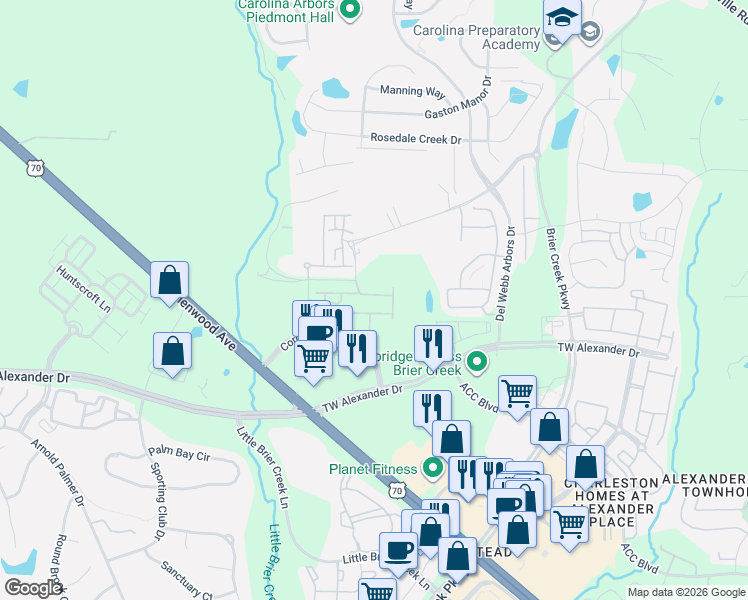 map of restaurants, bars, coffee shops, grocery stores, and more near 1033 Andrews Chapel Road in Durham