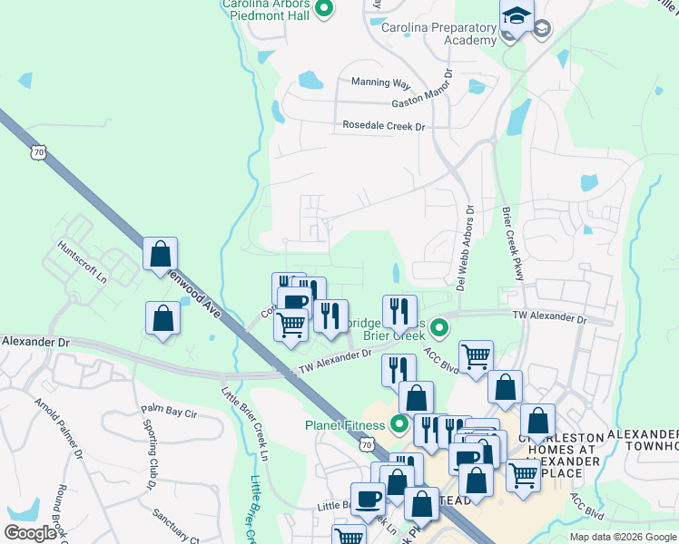 map of restaurants, bars, coffee shops, grocery stores, and more near 1033 Andrews Chapel Road in Durham