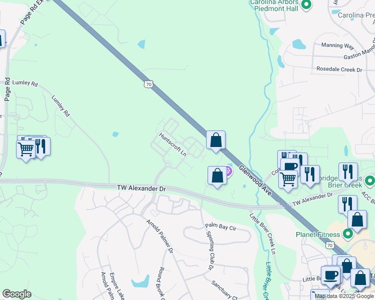 map of restaurants, bars, coffee shops, grocery stores, and more near 2511 Huntscroft Lane in Raleigh