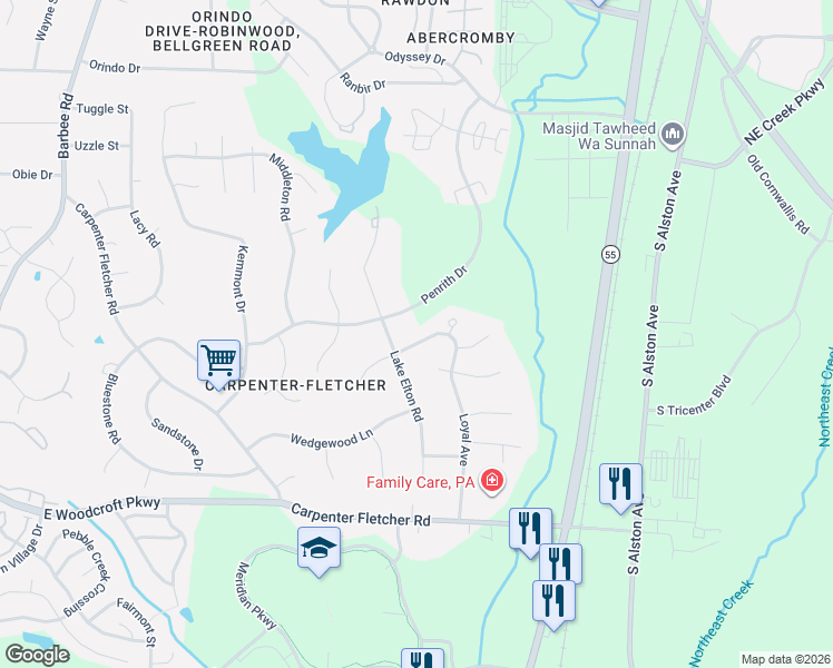 map of restaurants, bars, coffee shops, grocery stores, and more near 5519 Loyal Avenue in Durham