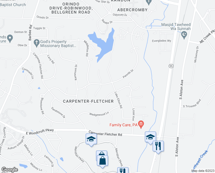 map of restaurants, bars, coffee shops, grocery stores, and more near 5412 Penrith Drive in Durham