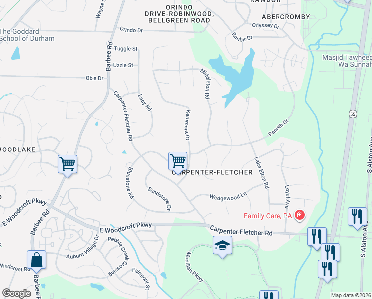 map of restaurants, bars, coffee shops, grocery stores, and more near 5610 Kemmont Drive in Durham