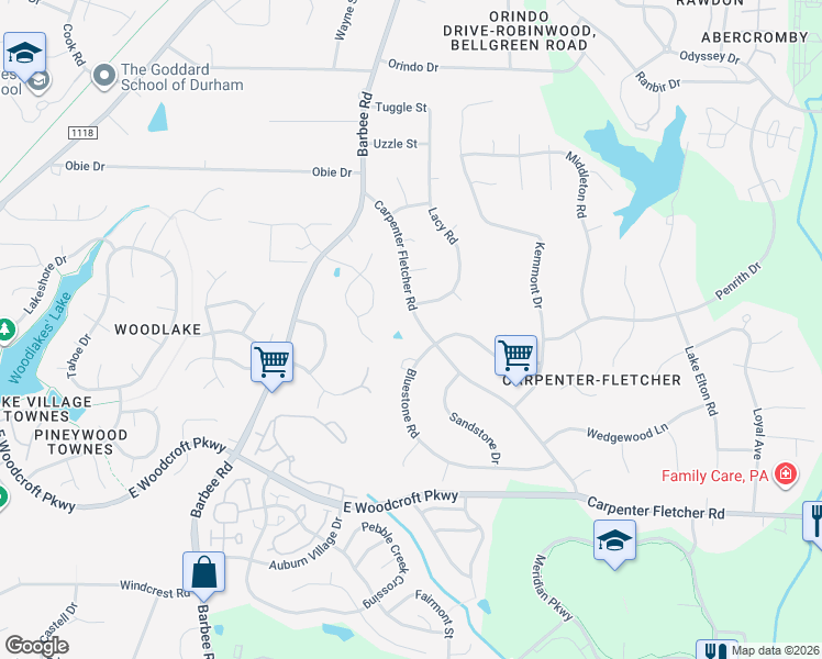 map of restaurants, bars, coffee shops, grocery stores, and more near 714 Carpenter Fletcher Road in Durham