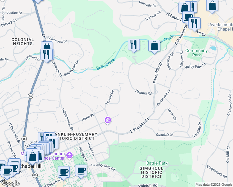 map of restaurants, bars, coffee shops, grocery stores, and more near 345 Tenney Circle in Chapel Hill