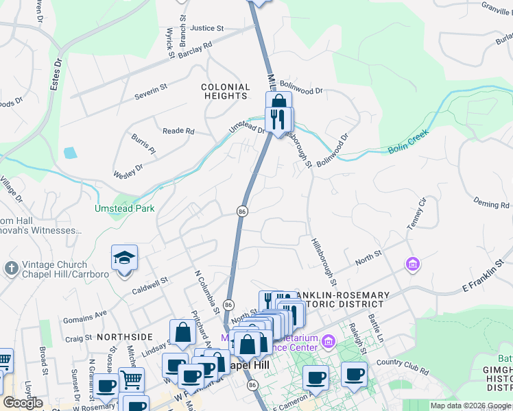 map of restaurants, bars, coffee shops, grocery stores, and more near 710 Martin Luther King Junior Boulevard in Chapel Hill