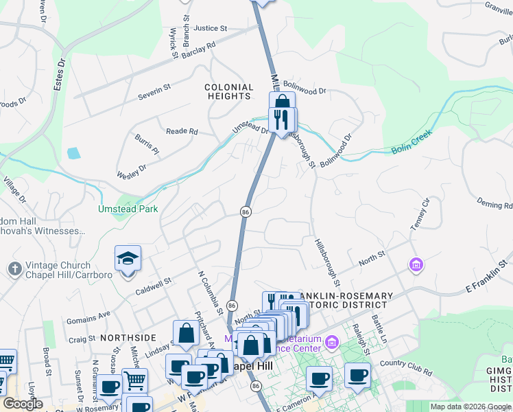 map of restaurants, bars, coffee shops, grocery stores, and more near 710 Martin Luther King Junior Boulevard in Chapel Hill