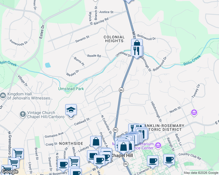 map of restaurants, bars, coffee shops, grocery stores, and more near 102 Columbia Place Drive in Chapel Hill