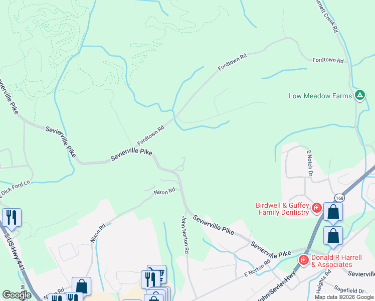 map of restaurants, bars, coffee shops, grocery stores, and more near 7008 Sevierville Pike in Knoxville