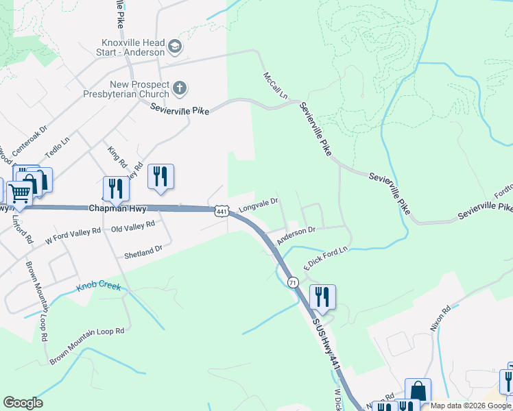 map of restaurants, bars, coffee shops, grocery stores, and more near 117 Longvale Drive in Knoxville