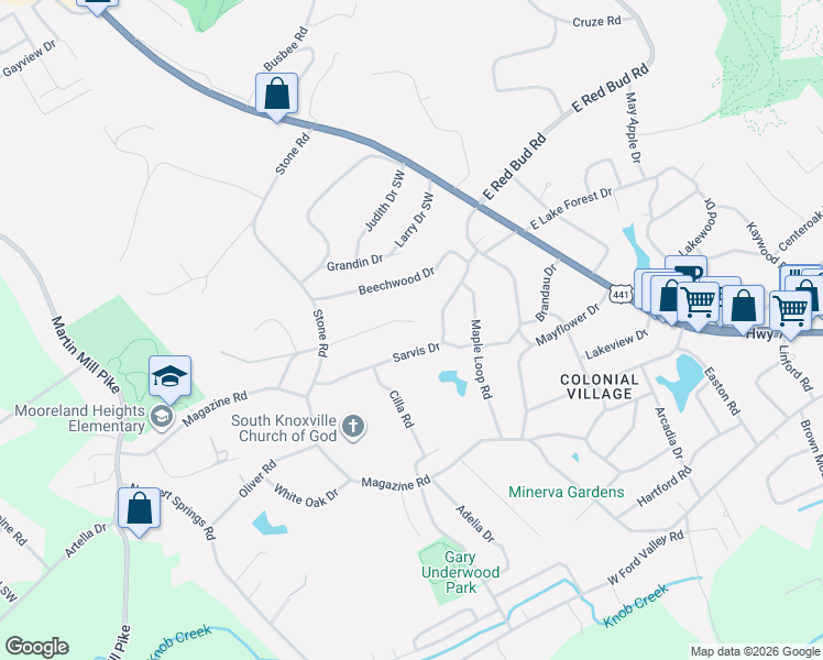 map of restaurants, bars, coffee shops, grocery stores, and more near 305 Liveoak Lane Southwest in Knoxville