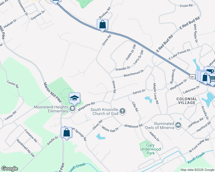 map of restaurants, bars, coffee shops, grocery stores, and more near 5400 Stoneoak Lane in Knoxville