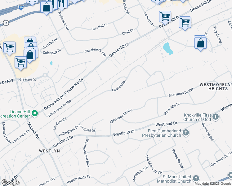 map of restaurants, bars, coffee shops, grocery stores, and more near 422 Westbridge Drive in Knoxville