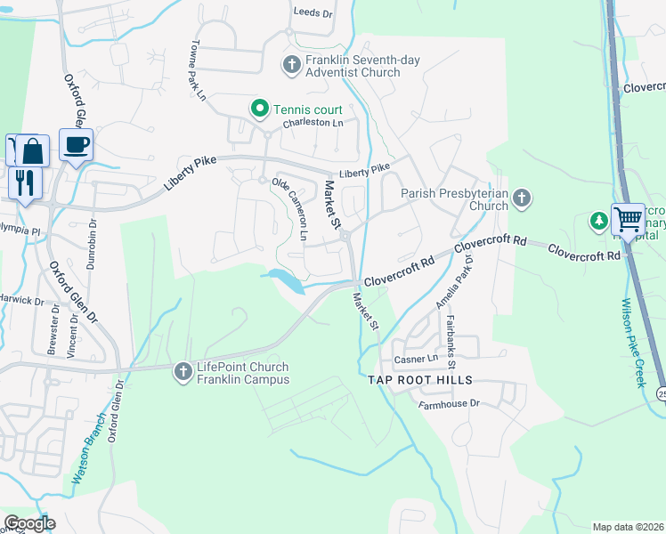 map of restaurants, bars, coffee shops, grocery stores, and more near 1209 Habersham Way in Franklin