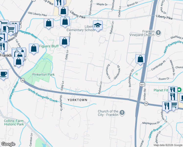 map of restaurants, bars, coffee shops, grocery stores, and more near 209 Pebble Glen Drive in Franklin
