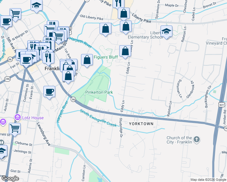 map of restaurants, bars, coffee shops, grocery stores, and more near 412 Eddy Lane in Franklin
