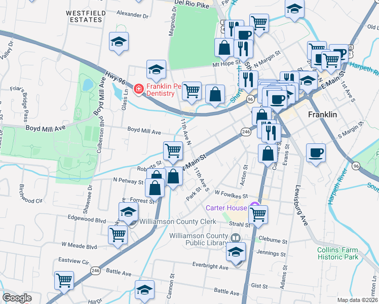 map of restaurants, bars, coffee shops, grocery stores, and more near 1012 Fair Street in Franklin