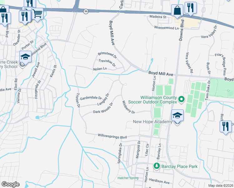 map of restaurants, bars, coffee shops, grocery stores, and more near 3103 Winberry Drive in Franklin