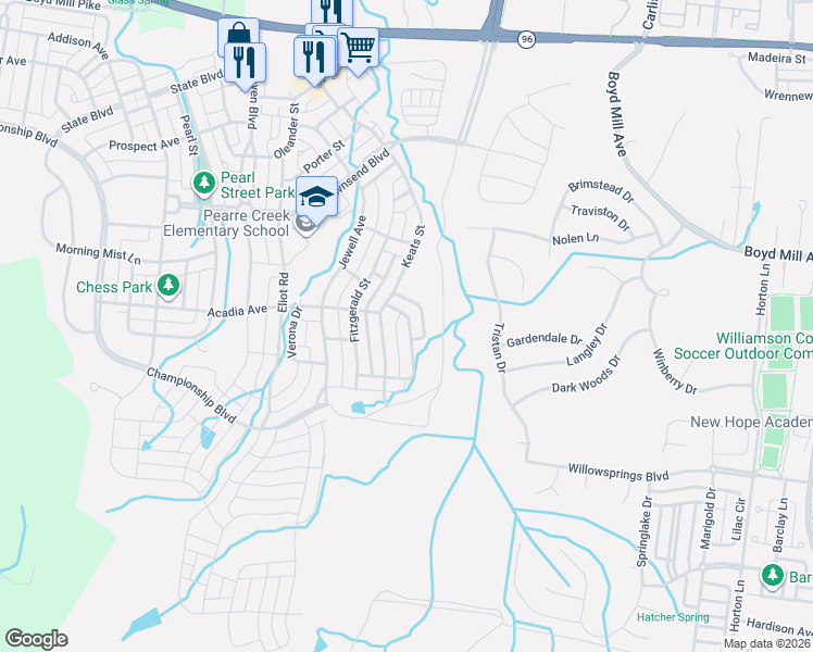 map of restaurants, bars, coffee shops, grocery stores, and more near 5049 Donovan Street in Franklin