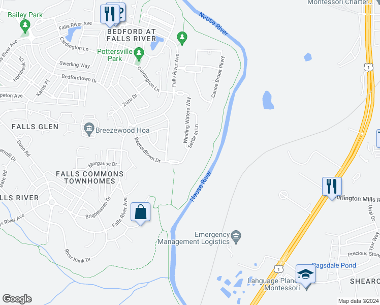 map of restaurants, bars, coffee shops, grocery stores, and more near 2940 Settle in Lane in Raleigh
