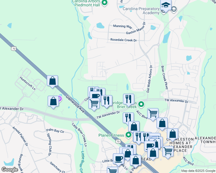 map of restaurants, bars, coffee shops, grocery stores, and more near 1102 Crossvine Trail in Durham