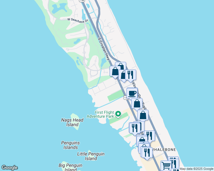 map of restaurants, bars, coffee shops, grocery stores, and more near 6323 South Bobwhite Avenue in Nags Head