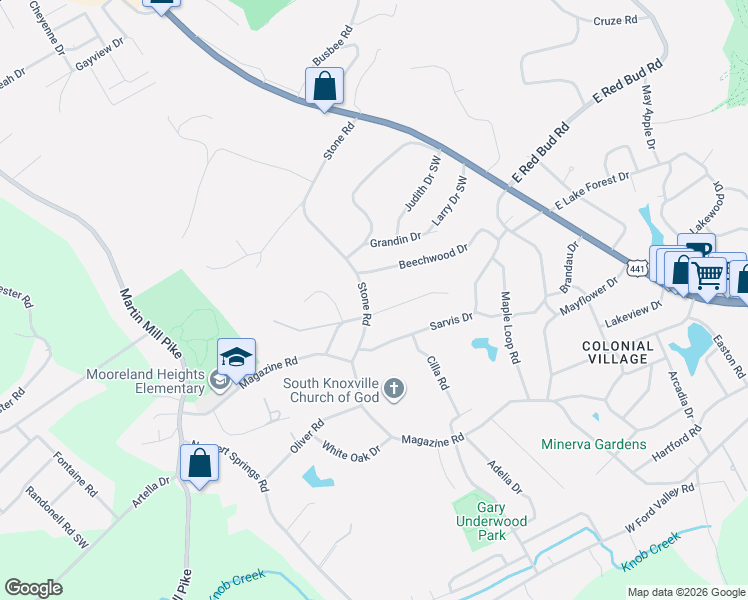 map of restaurants, bars, coffee shops, grocery stores, and more near 324 Beechwood Drive in Knoxville