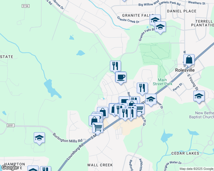 map of restaurants, bars, coffee shops, grocery stores, and more near 414 Morgan Brook Way in Rolesville