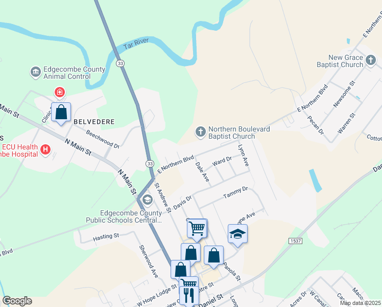 map of restaurants, bars, coffee shops, grocery stores, and more near 406 East Northern Boulevard in Tarboro