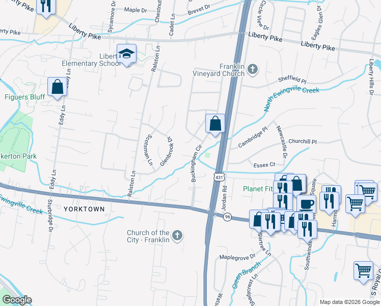 map of restaurants, bars, coffee shops, grocery stores, and more near 520 Castlebury Court in Franklin