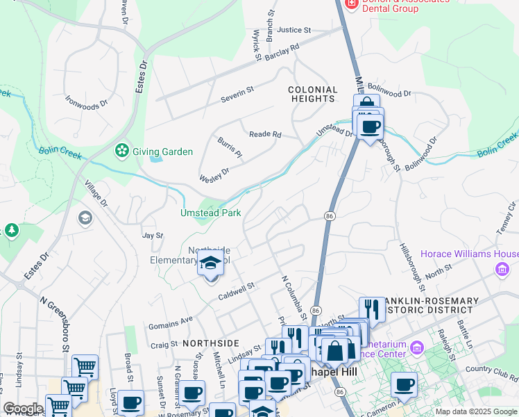 map of restaurants, bars, coffee shops, grocery stores, and more near 800 Pritchard Avenue Extension in Chapel Hill