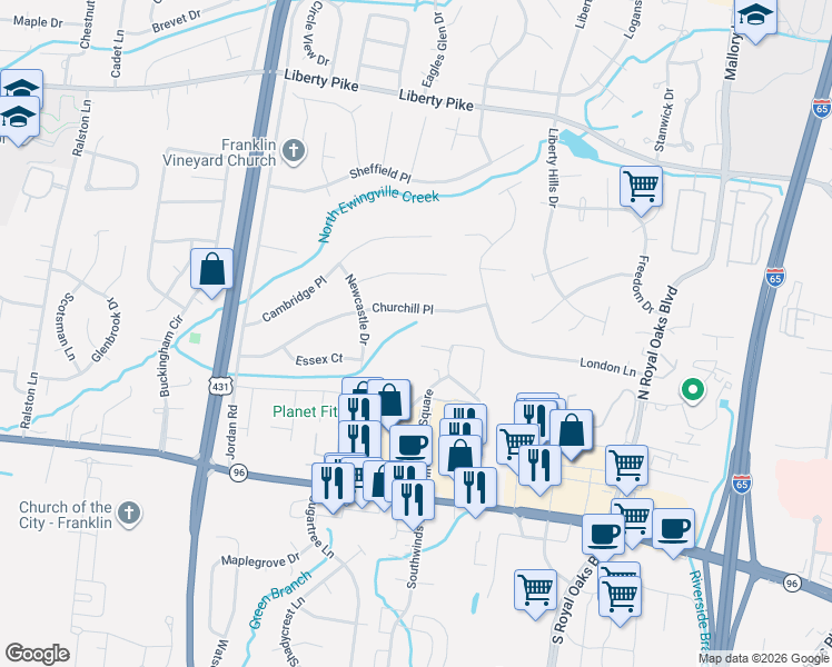 map of restaurants, bars, coffee shops, grocery stores, and more near 2062 Township Drive in Franklin