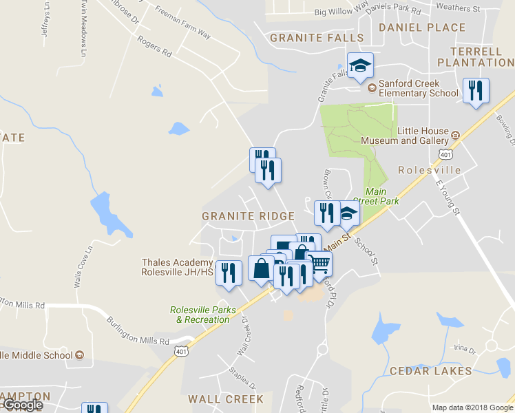 map of restaurants, bars, coffee shops, grocery stores, and more near 221 Leighann Ridge Lane in Rolesville