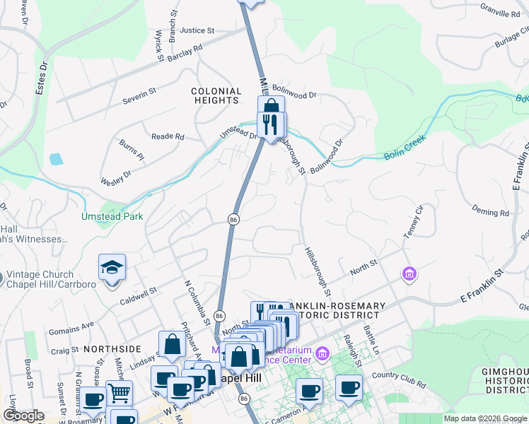 map of restaurants, bars, coffee shops, grocery stores, and more near 710 Martin Luther King Junior Boulevard in Chapel Hill