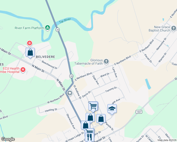 map of restaurants, bars, coffee shops, grocery stores, and more near 11 Holly Drive in Tarboro