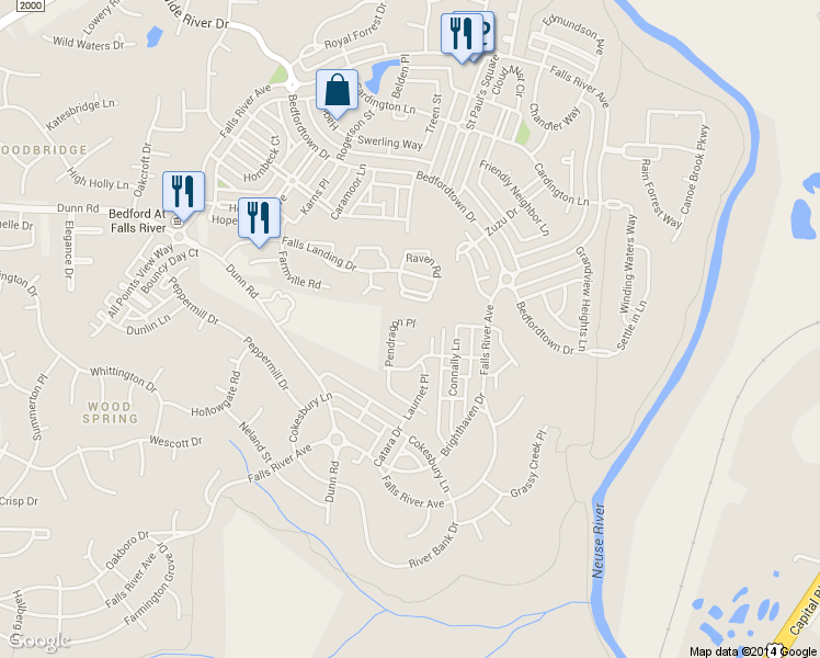 map of restaurants, bars, coffee shops, grocery stores, and more near 10965 Pendragon Place in Raleigh