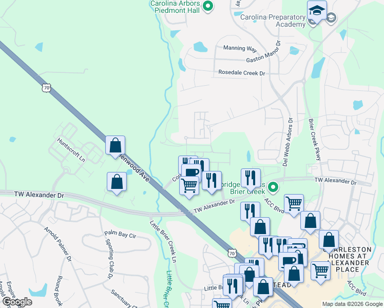 map of restaurants, bars, coffee shops, grocery stores, and more near 1020 Andrews Chapel Road in Durham