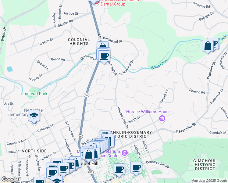 map of restaurants, bars, coffee shops, grocery stores, and more near 521 Hillsborough Street in Chapel Hill