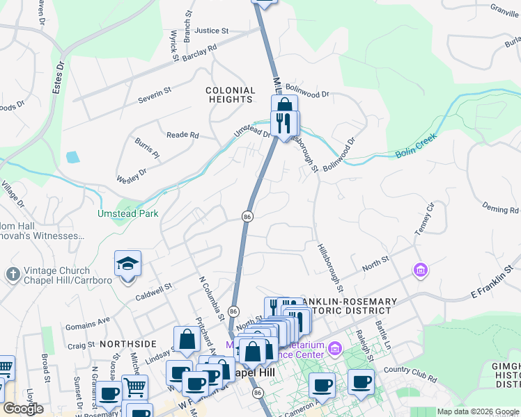 map of restaurants, bars, coffee shops, grocery stores, and more near 710 Martin Luther King Junior Boulevard in Chapel Hill